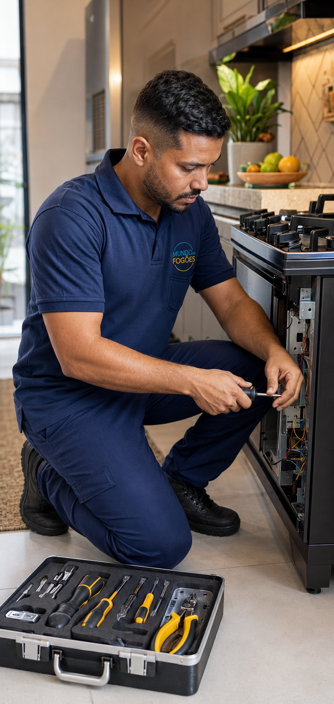 Técnico uniformizado realizando manutenção em um fogão